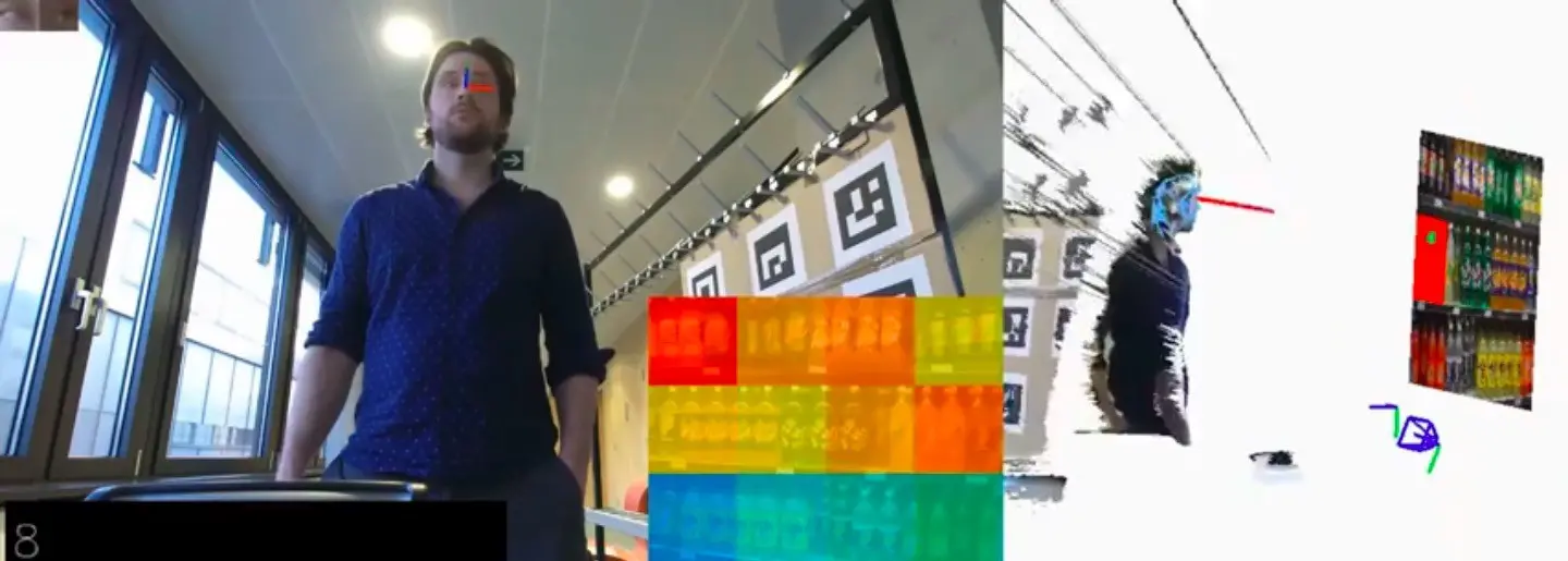 男子站在购物货架前，旁边是零售 3D 眼动追踪热力图