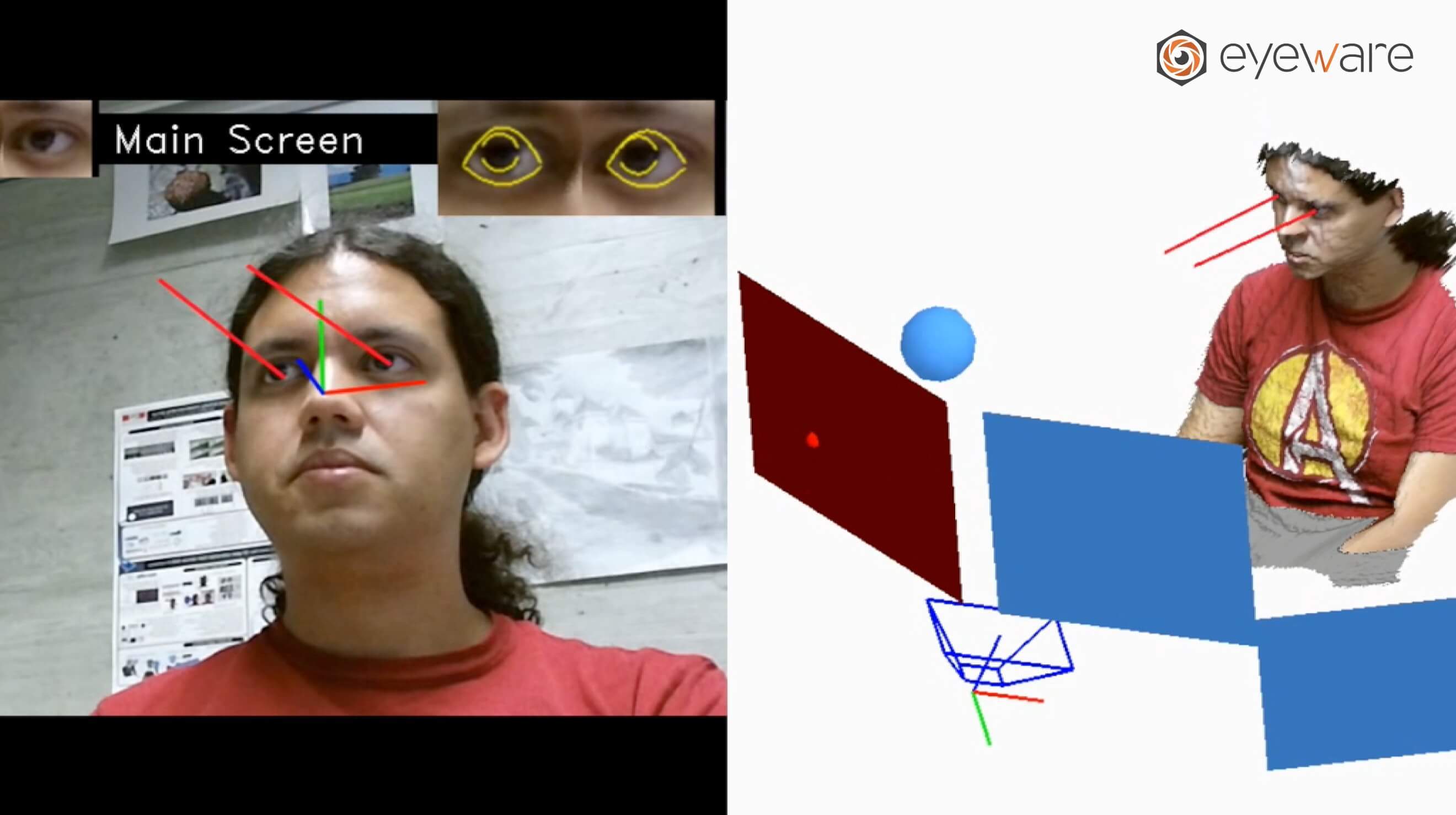 다중 화면이 있는 Eyeware 3D 시선 추적 소프트웨어를 사용하는 컴퓨터 위의 남자